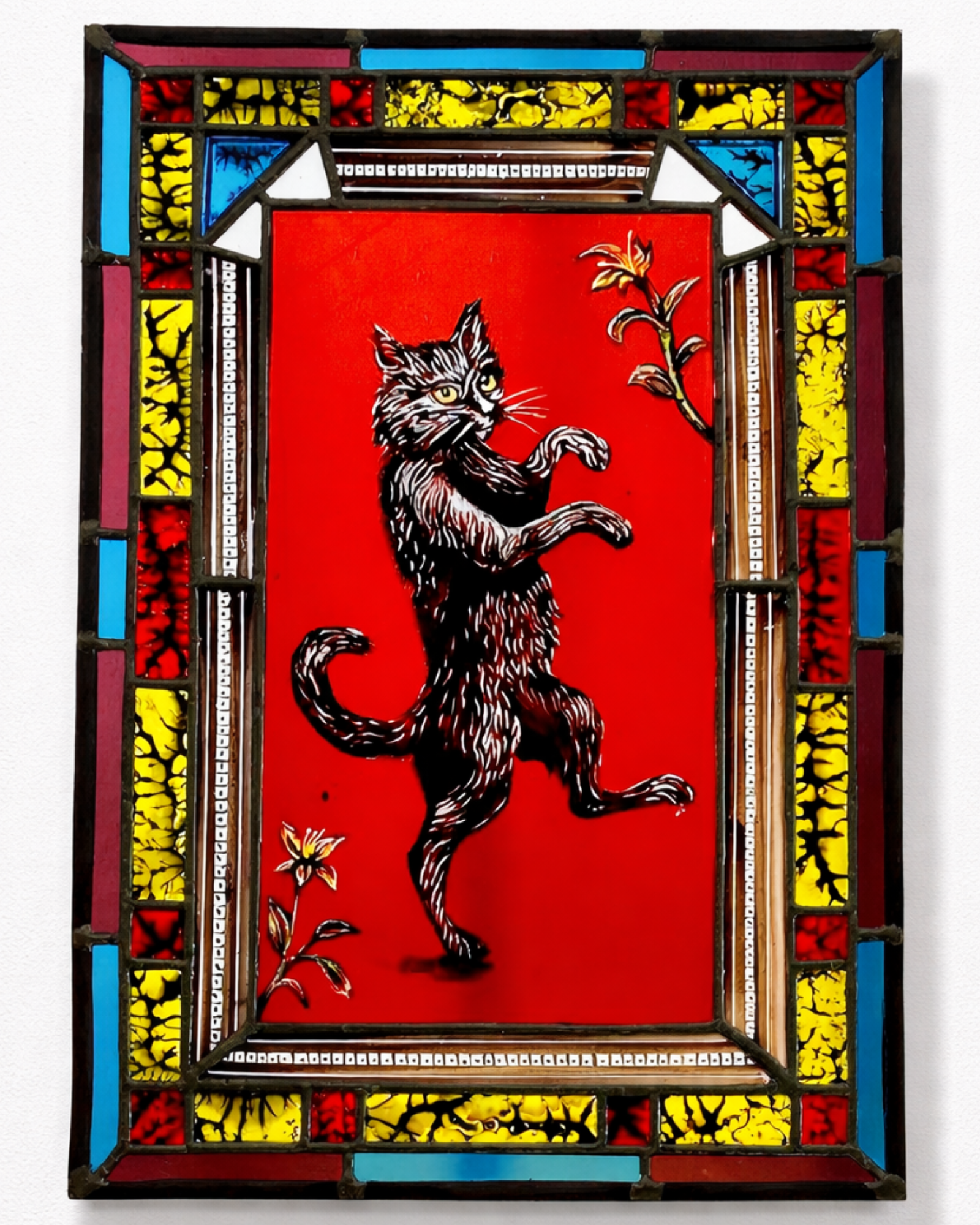 Cat Dances Whilst You Work stained glass panel